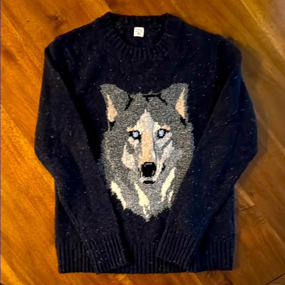 Crewcuts Black Wool Blend Crewneck Sweater with Wolf Design- boys size 14